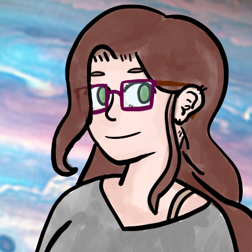 Drawing of a woman against a blue, pink, and white false-color image of Jupiter